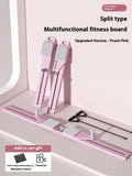 Purple and pink split skiing machine trainer on a wooden floor, showing 85cm sliding rail and foot pedals.