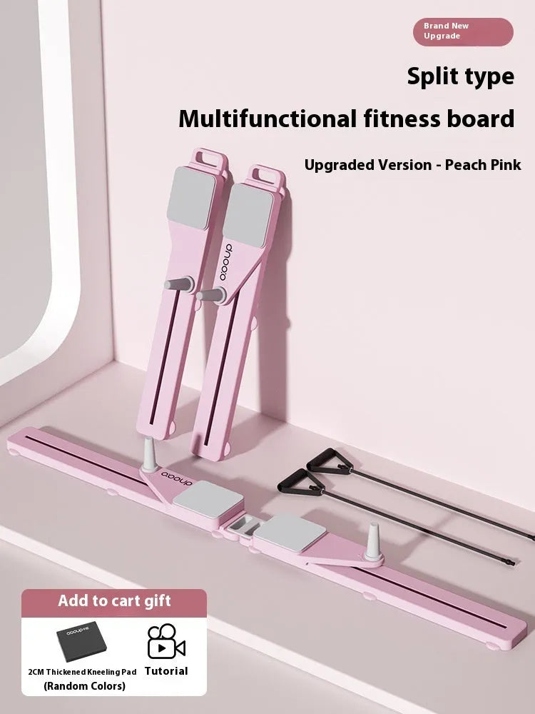 Purple and pink split skiing machine trainer on a wooden floor, showing 85cm sliding rail and foot pedals.