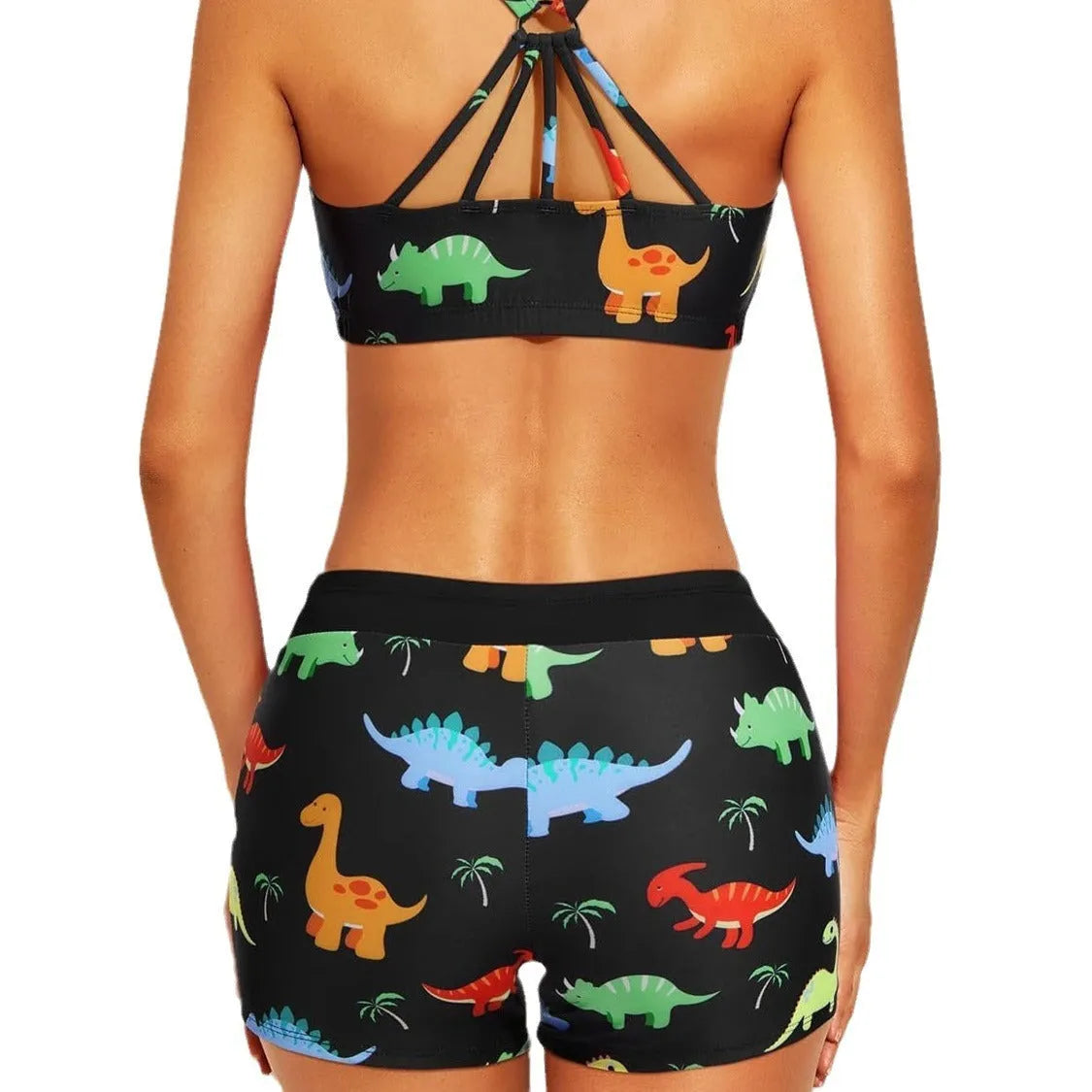 Women's three-piece printed swimsuit set with short sleeve top, vest, and shorts, backless design, covered belly, polyester, sizes XS-XXL.