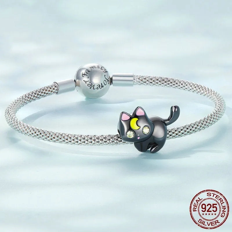 925 silver moon cat charm bead, black gold plated, 1.6cm by 1.45cm with 0.45cm hole for bracelet making