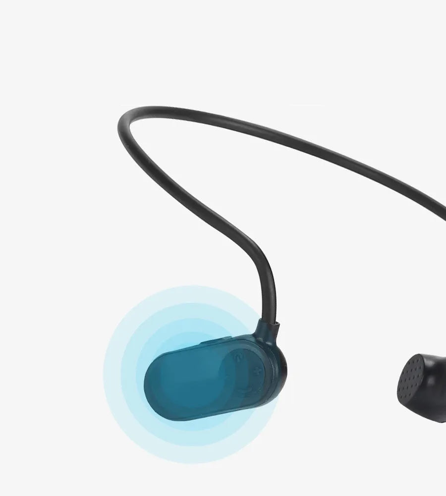 Waterproof MP3 swimming earphones with earplugs, USB 2.0 cable, 8-hour battery, 20 x 20 cm, 130 g