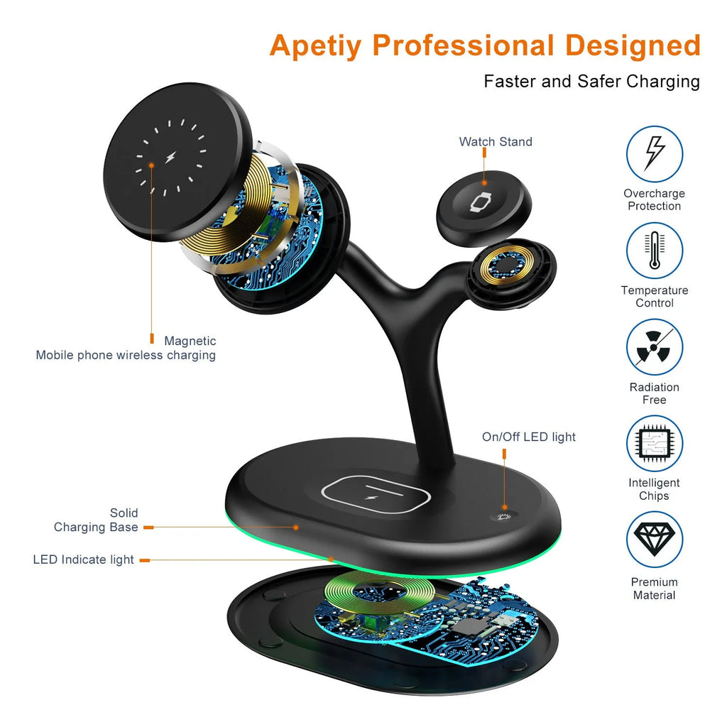 Black three-in-one magnetic wireless charging station for iPhone, AirPods, and Apple Watch on a desk