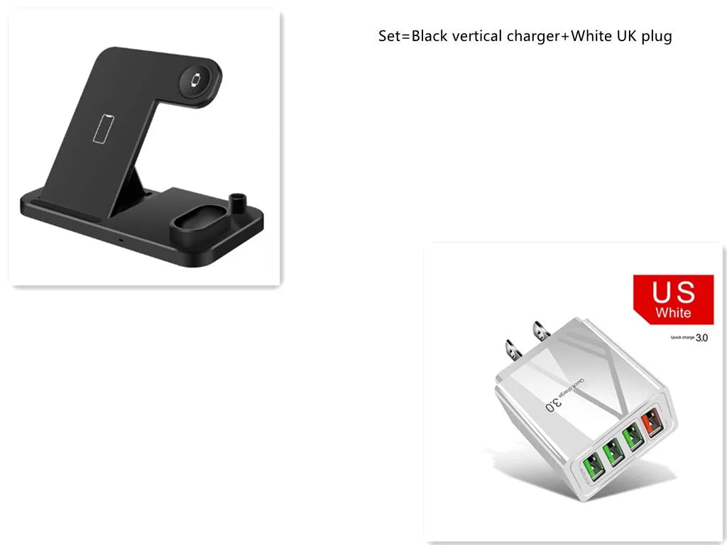 4-in-1 wireless charging dock showing iPhone, Apple Watch, AirPods and Apple Pencil charging simultaneously on adjustable stand.