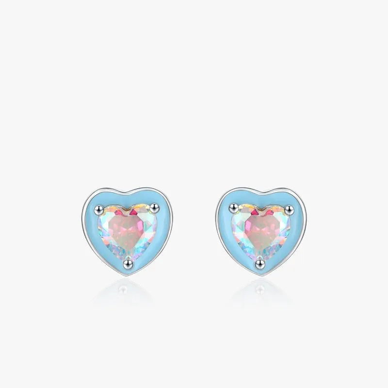 S925 sterling silver heart-shaped stud earrings with colourful zircon mosaic and epoxy accents on silver background