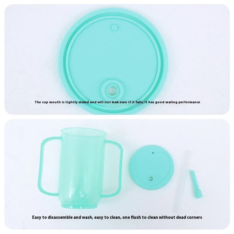 Adult bed care drinking cup with lid and handle, shown in various designs including oblique mouth choke proof cup.