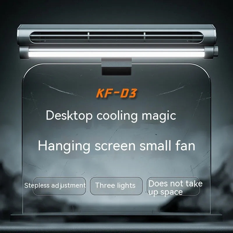 Black USB-powered bladeless fan with an LED lamp, shown clipped to the top of a computer monitor.