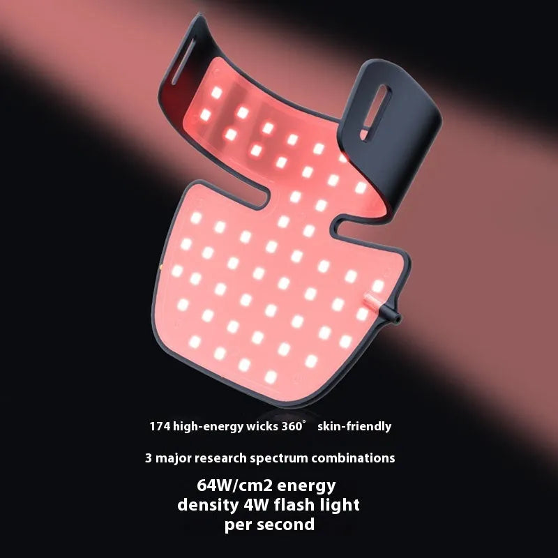 Black LED photon therapy facial mask with four colour infrared lights and neck support strap