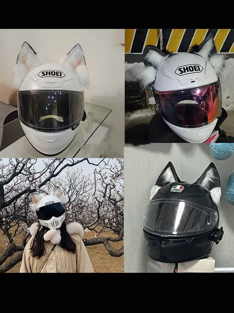 Set of black and white wolf ear and tail ornaments attached to a motorcycle helmet