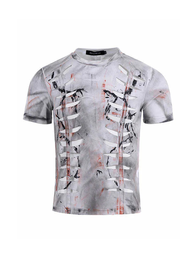Men's white cotton t-shirt with hollow-out cut design detail on front