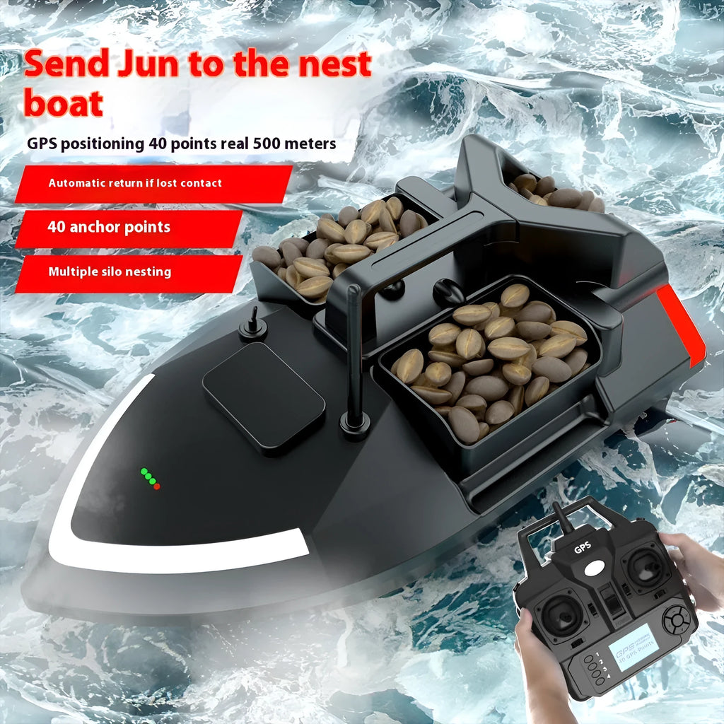 V020 GPS remote control fishing boat in luminous yellow on water, showing remote controller and handbag.