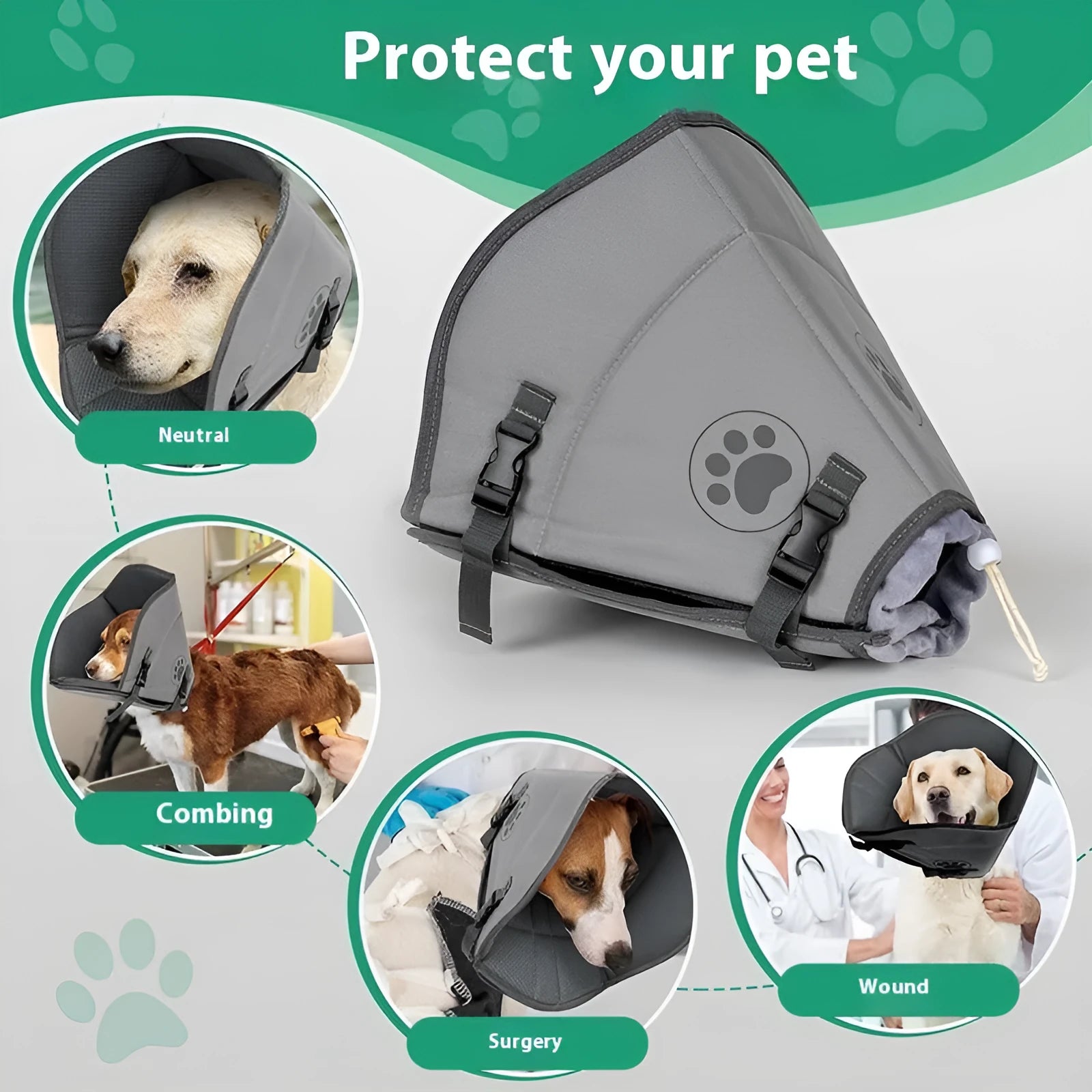 A soft, white, adjustable fabric recovery collar for pets, shown on a flat surface.