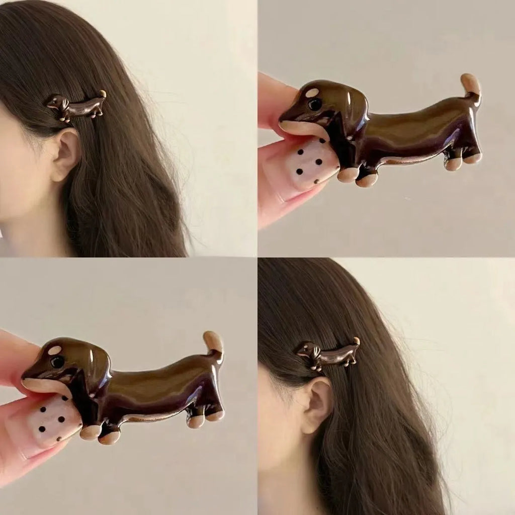 Dachshund dog hair barrettes with loose delicate styling and electroplating finish