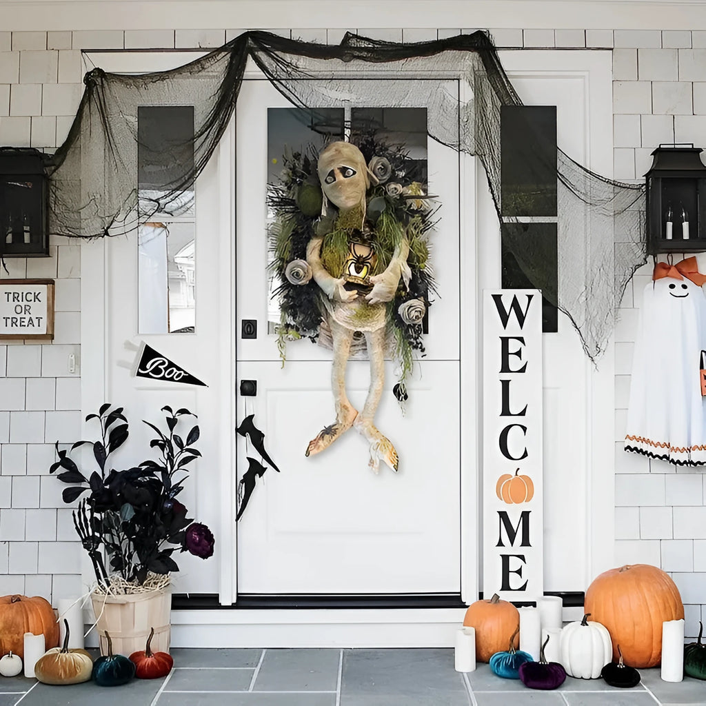 Mummy Halloween wreath with skeleton hands on a door, three dimensional plastic 46cm