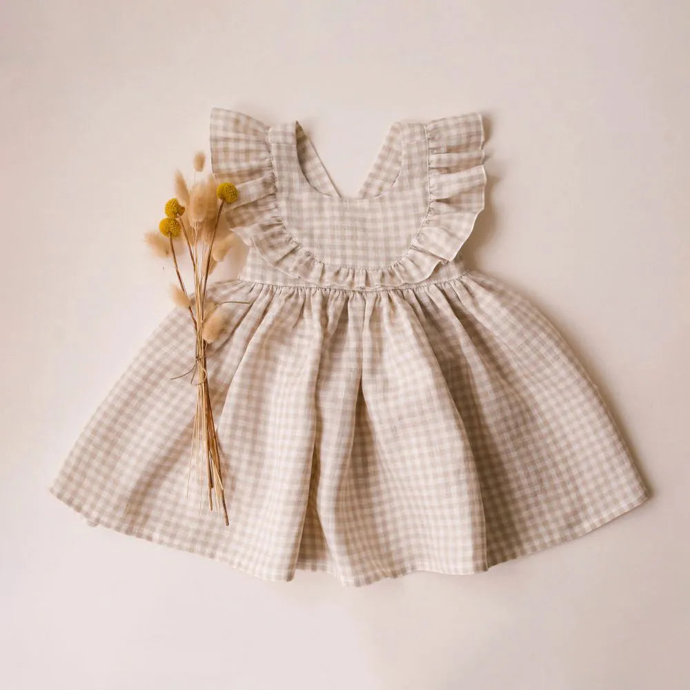 Baby girl's summer cotton A-line suspender dress in green, pink, or plaid for heights 73-110cm