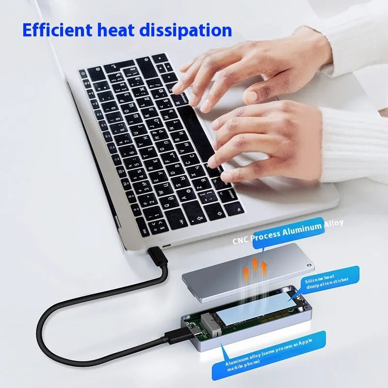Silver aluminium M.2 NVMe SSD enclosure with USB Type-C port and installation accessories including screwdriver and screws