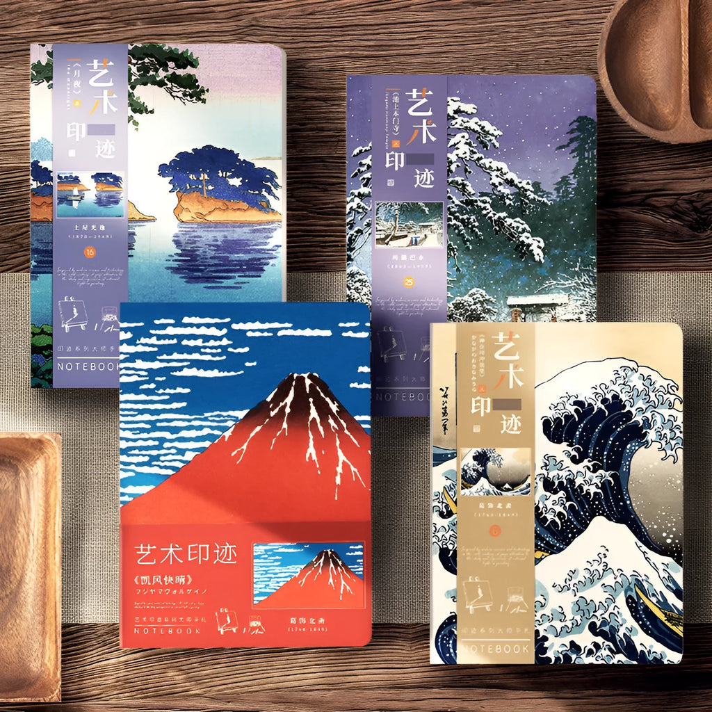 Ukiyo-e series retro artist hand ledger notebook showing Kanagawa wave cover design.