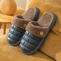 Plaid detachable EVA house slippers with plush lining in pink, shown on a flat heel with round toe.