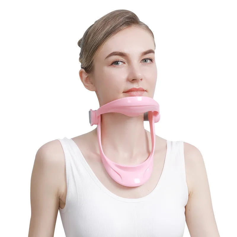 White adjustable neck support brace for cervical spine and shoulder posture correction.