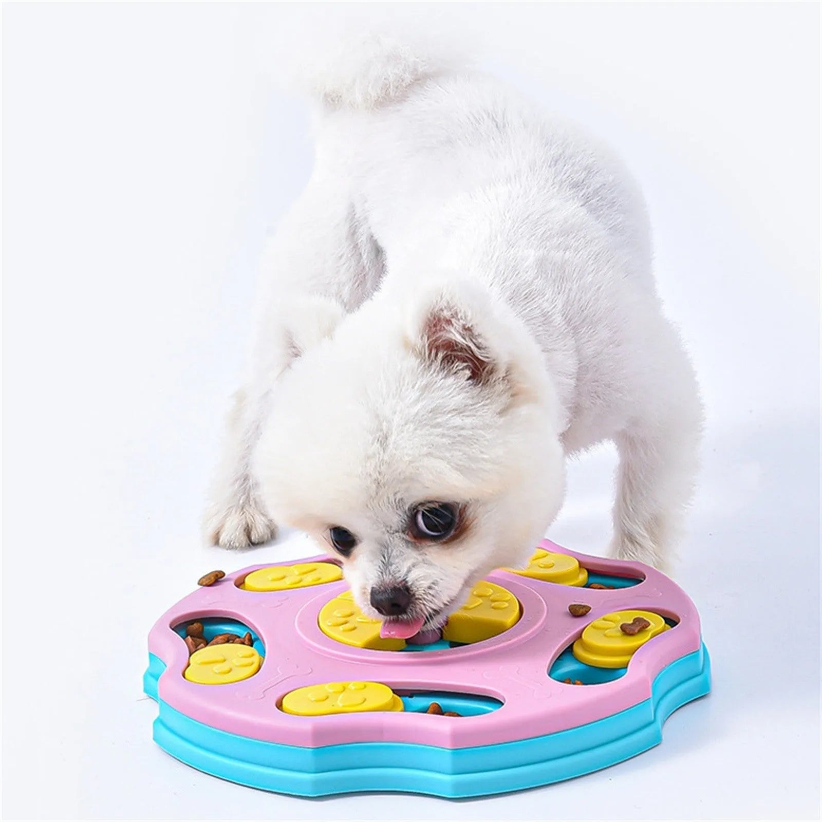 Blue dog puzzle feeder bowl with interactive game elements for slowing down fast-eating dogs