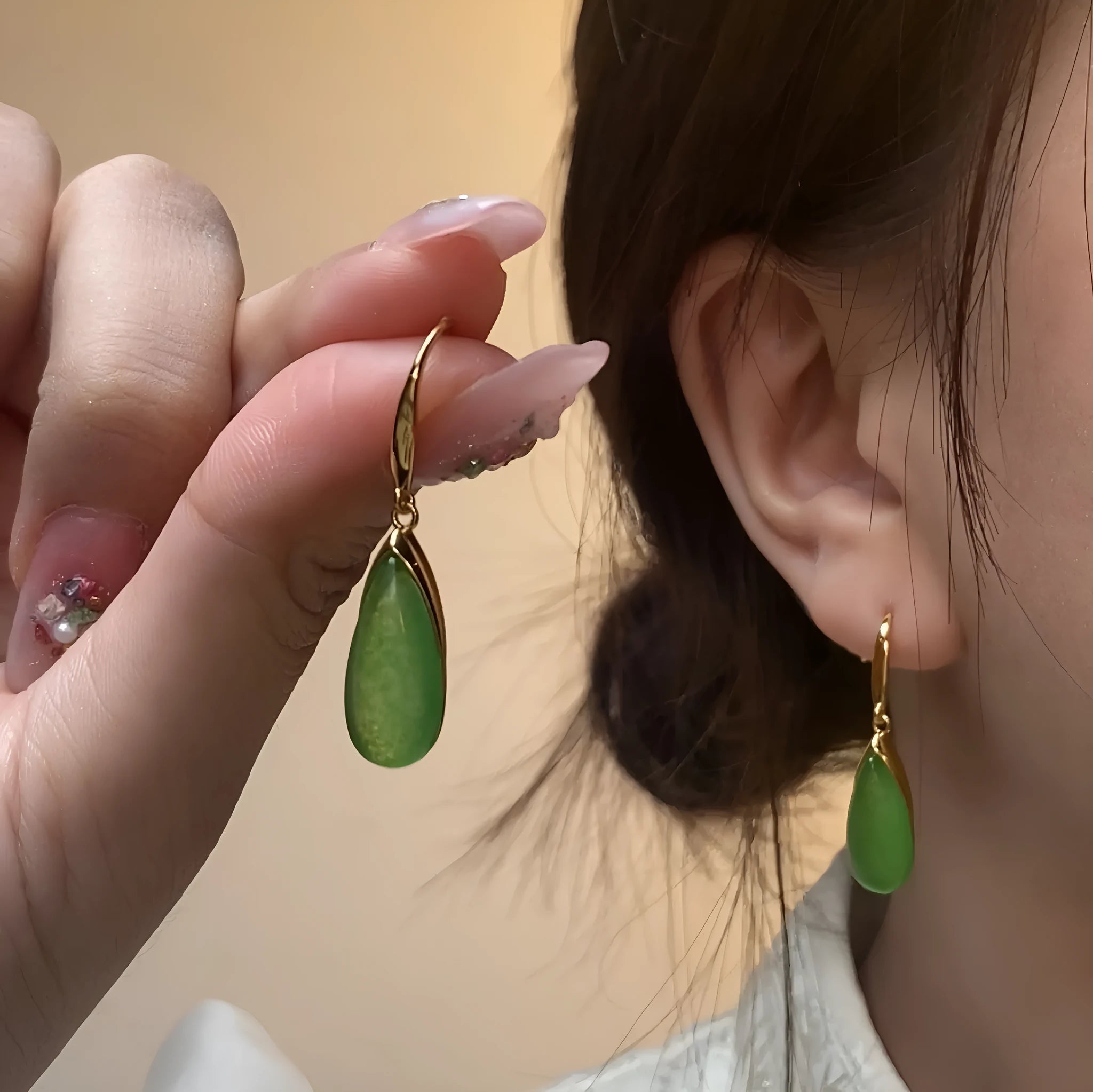 Retro geometric Chinese style earrings with water droplet elements in CP798-jade colour