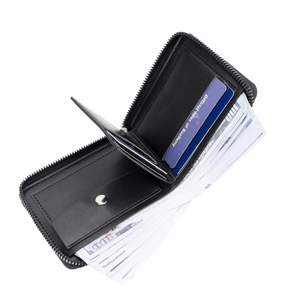 Black or brown PU anti-theft zipper wallet with embossed design and extended credit card capacity