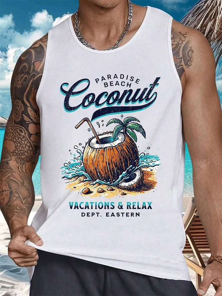 Men's 3D printed Hawaiian style sleeveless vest t-shirt in solid colour with polyester fabric