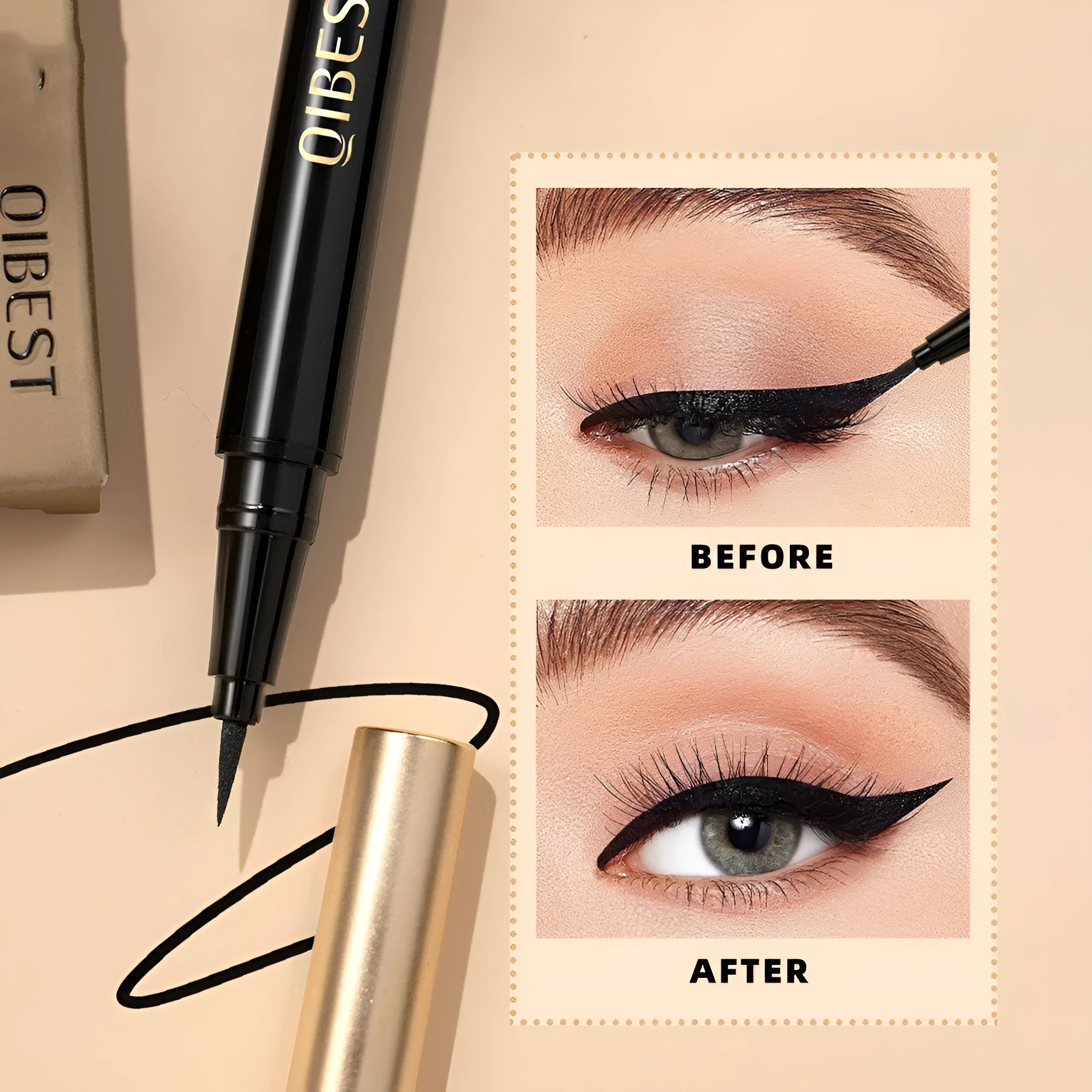 Black liquid eyeliner pen with sweat-proof quick-drying formula and fine tip applicator