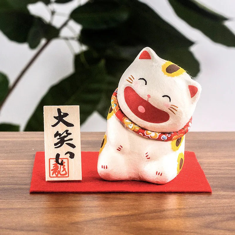 Handmade Japanese paper lucky cat figurine in Sanmao, tiger skin, or spotted cat style for car desk or home decoration