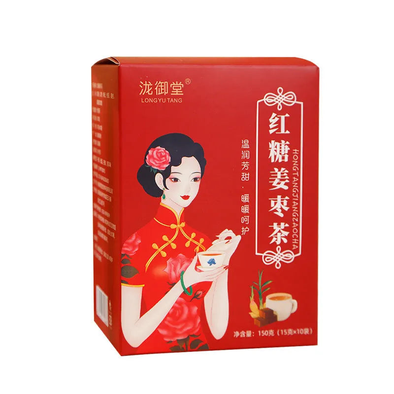 Box of Yuantang brown sugar ginger and jujube tea showing 150g herbal tea bags with natural ingredients