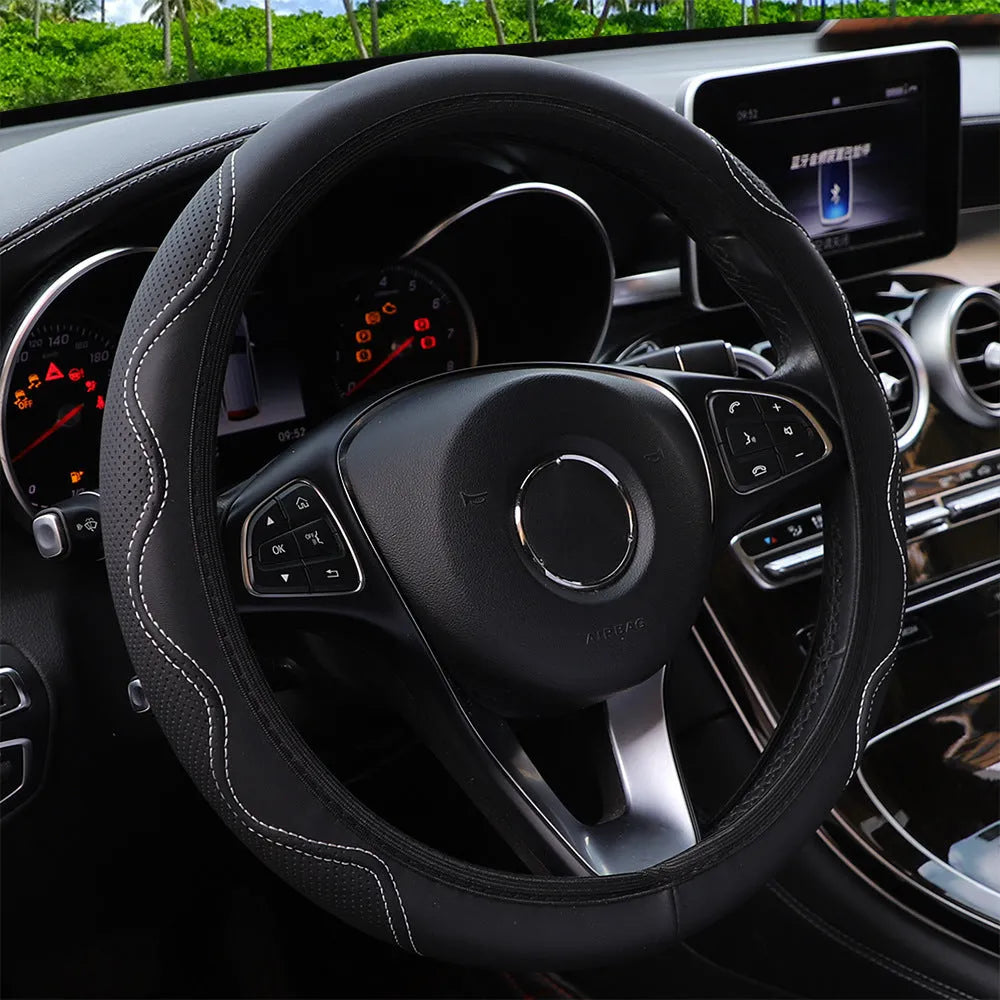 Elastic corrugated steering wheel cover in PU leather foam for 37-38cm diameter wheels