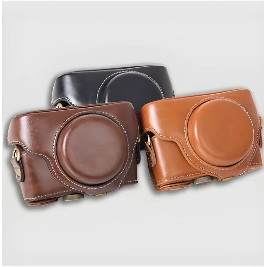 Sony RX100 camera holster in faux leather, tri-fold design showing soft internal lining and tripod mount compatibility