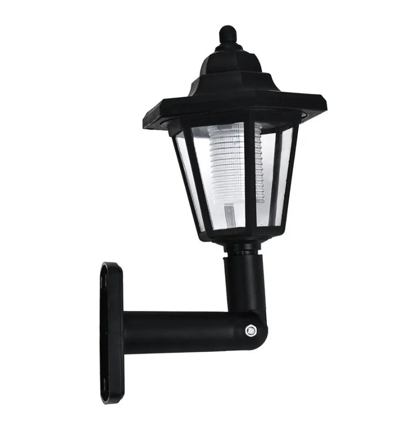 Black hexagonal solar-powered wall light with integrated solar panel and waterproof IP44 rating for outdoor use