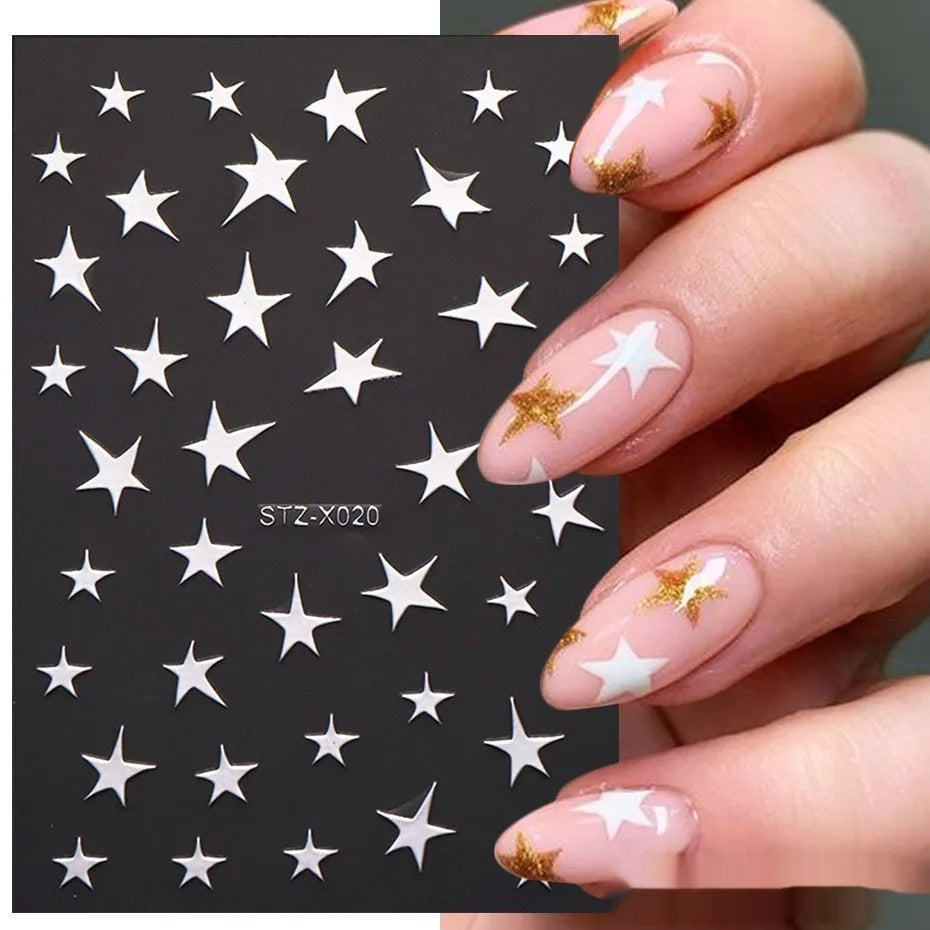 Cartoon-themed nail art sticker sheet with black and silver strip patterns and love motifs