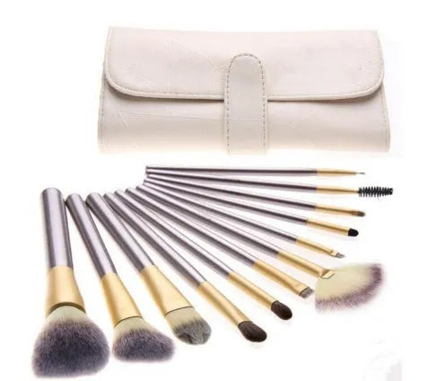 Persian makeup brush set with champagne handles and white bristles arranged in 12, 18, and 24 brush options.