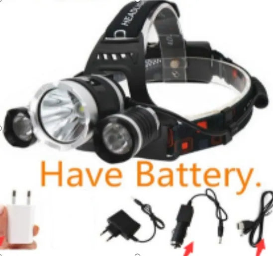 Rechargeable aluminium alloy headlamp with adjustable headband showing 360-degree rotation capability