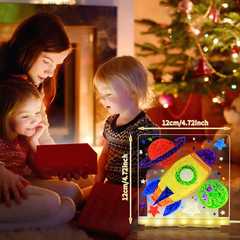Reusable LED drawing board with transparent acrylic surface, adjustable stand, USB light, and pen in four sizes