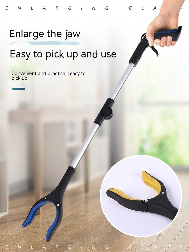 Foldable aluminium garbage pick-up clamp with extended pincers and a coloured handle, shown next to its magnet sucker attachment.
