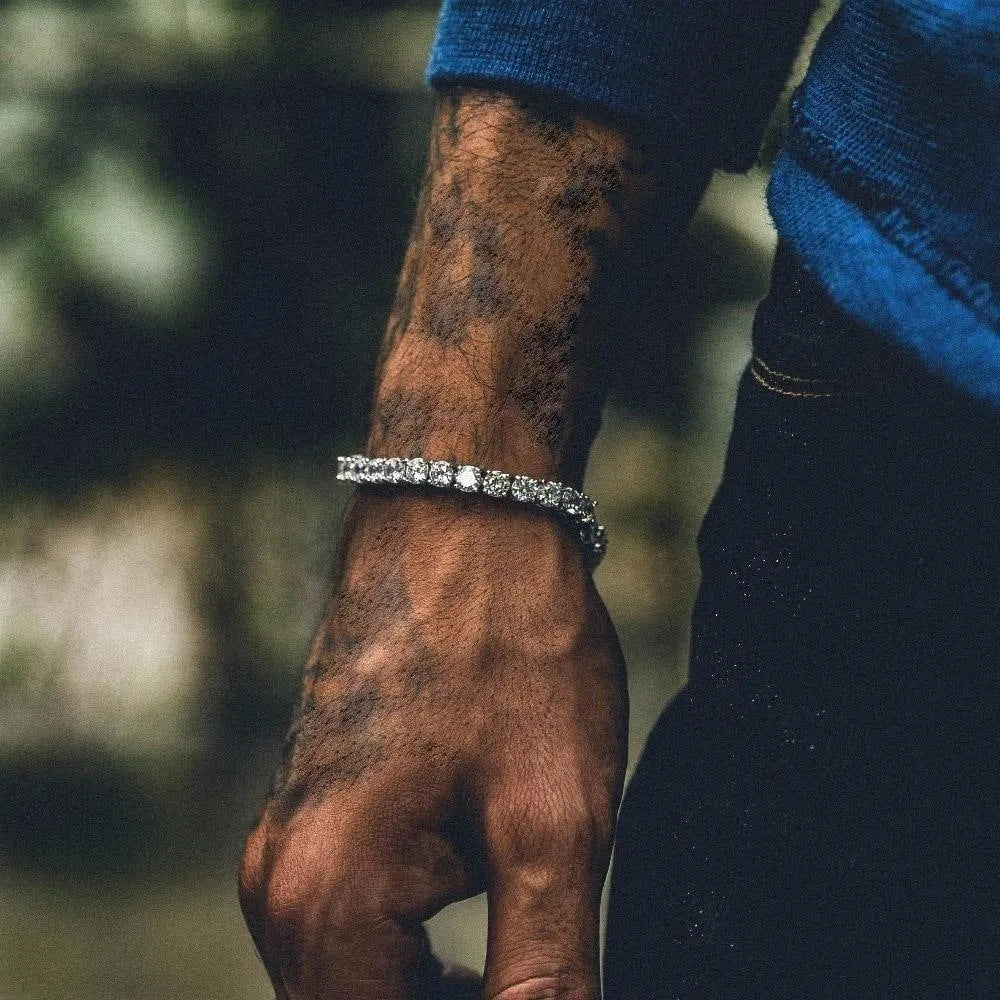 Men's geometric alloy bracelet with single row rhinestones and tennis charm in five colour options