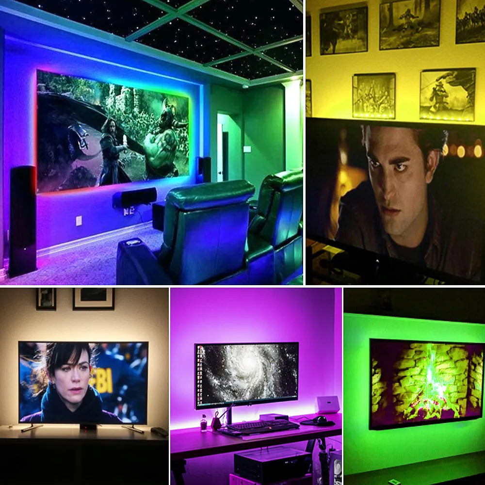 Flexible cuttable LED strip light with 30 beads per metre, bent to show adhesive backing for TV installation.