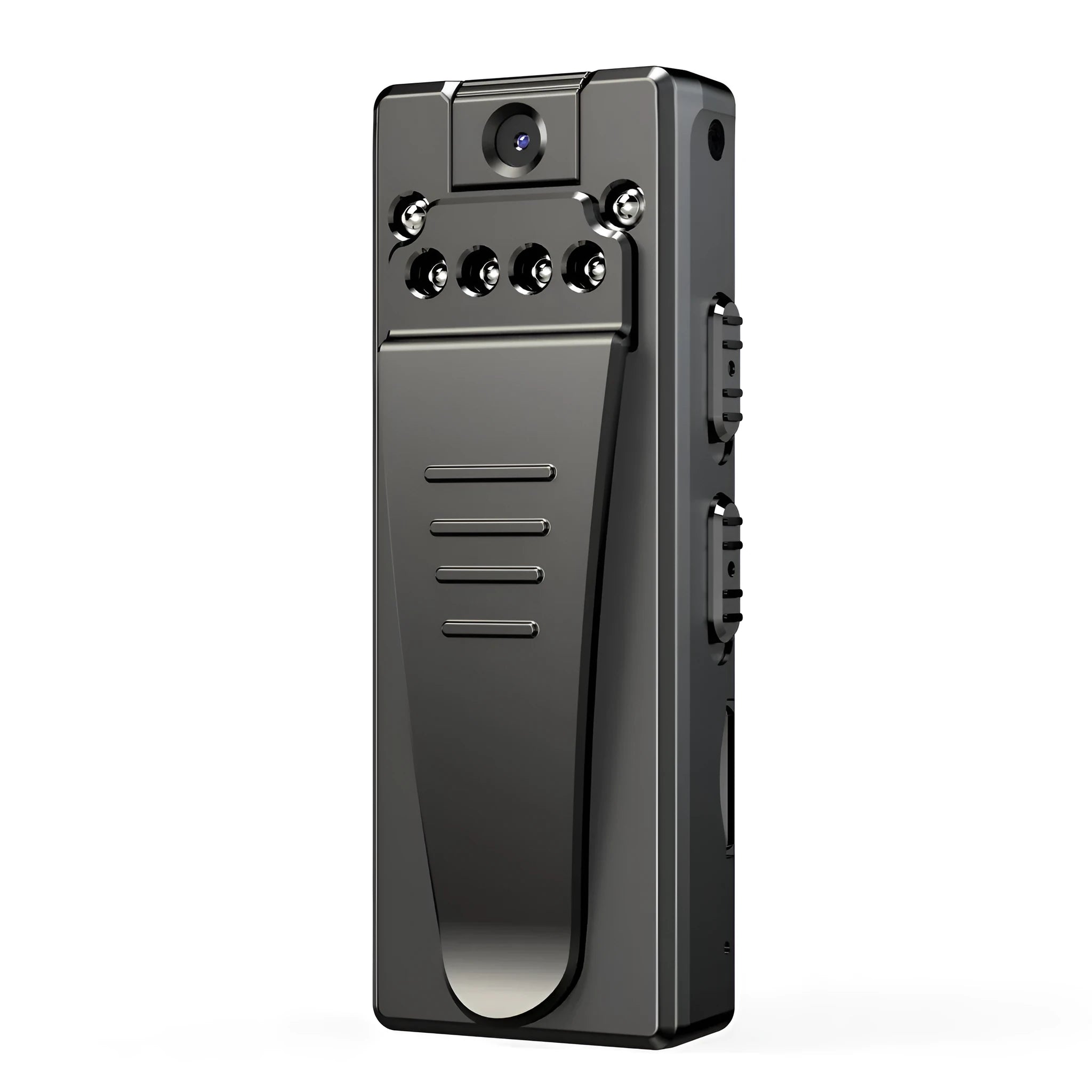 Black 1080p HD DV camera on a stand with a rotated lens, showing its compact design.
