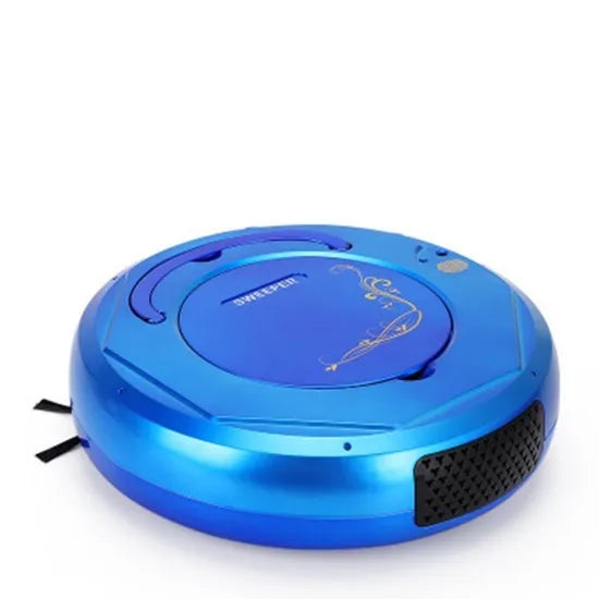 Smart floor sweeping robot vacuum cleaner in black, blue, or white colours with charging cable and cleaning attachments
