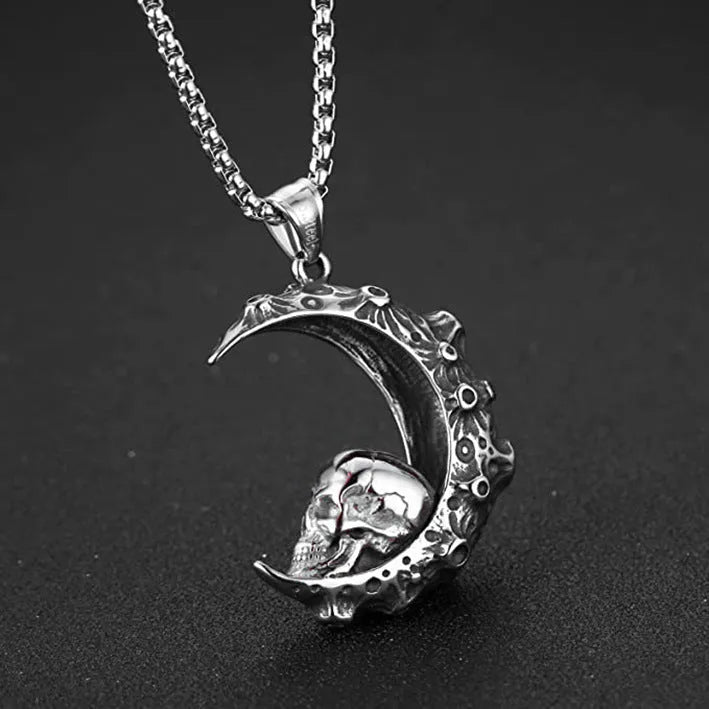Men's stainless steel skull necklace with silver electroplated finish showing six pendant design options
