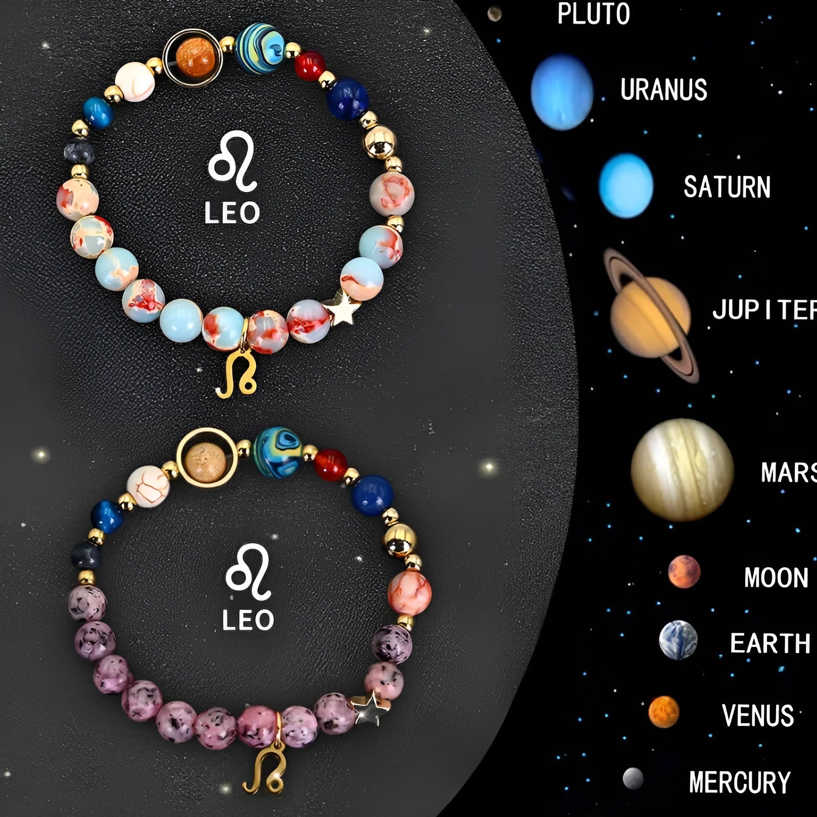 Two adjustable natural stone beaded bracelets with silver zodiac charms on a flat surface.