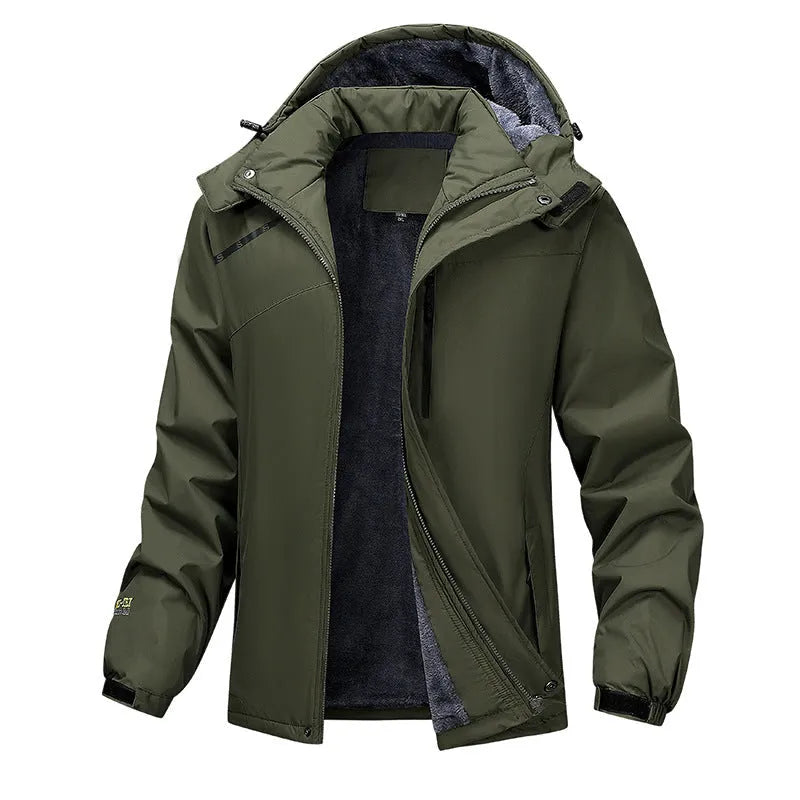 Plus size waterproof hooded coat for men in polyester, showing loose fit and hood design