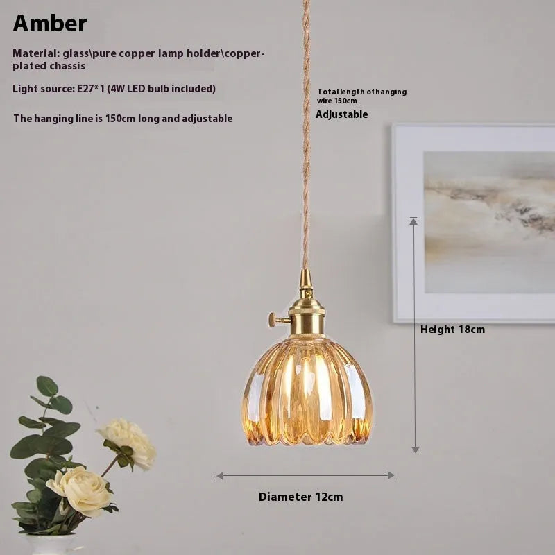 Nordic vintage style glass flower chandelier for bedside in amber, white, green, grey, or transparent.