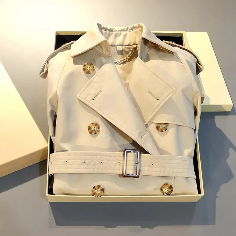 Khaki double-breasted trench coat for women with long flight sleeves, shown on a hanger.