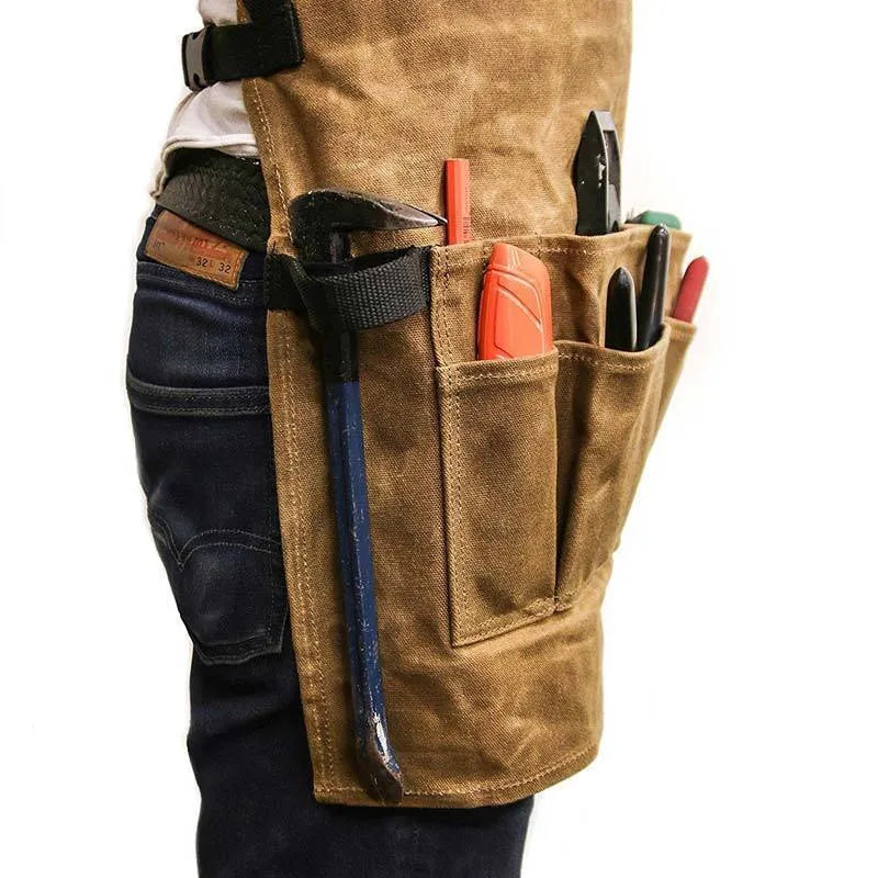 Yellow leather webbing apron in coated canvas, adjustable fit for men and women, with tool storage.