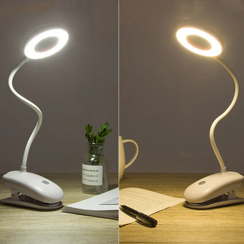 Modern clip-on rechargeable desk lamp with touch switch and plastic shade in multiple colour temperature options
