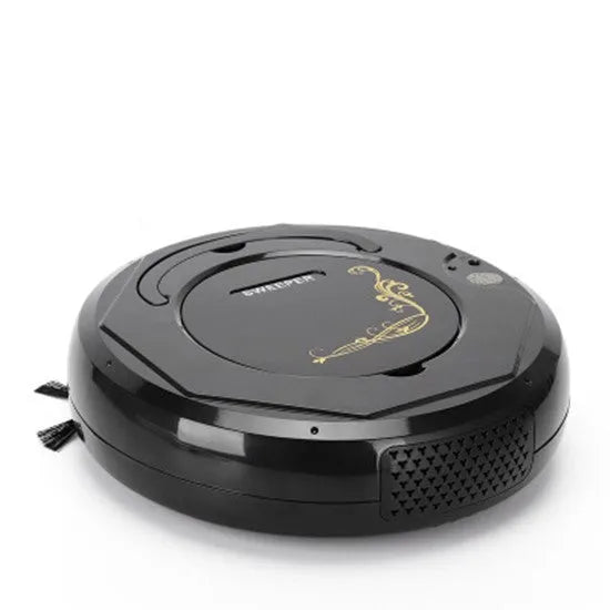 Smart floor sweeping robot vacuum cleaner in black, blue, or white colours with charging cable and cleaning attachments