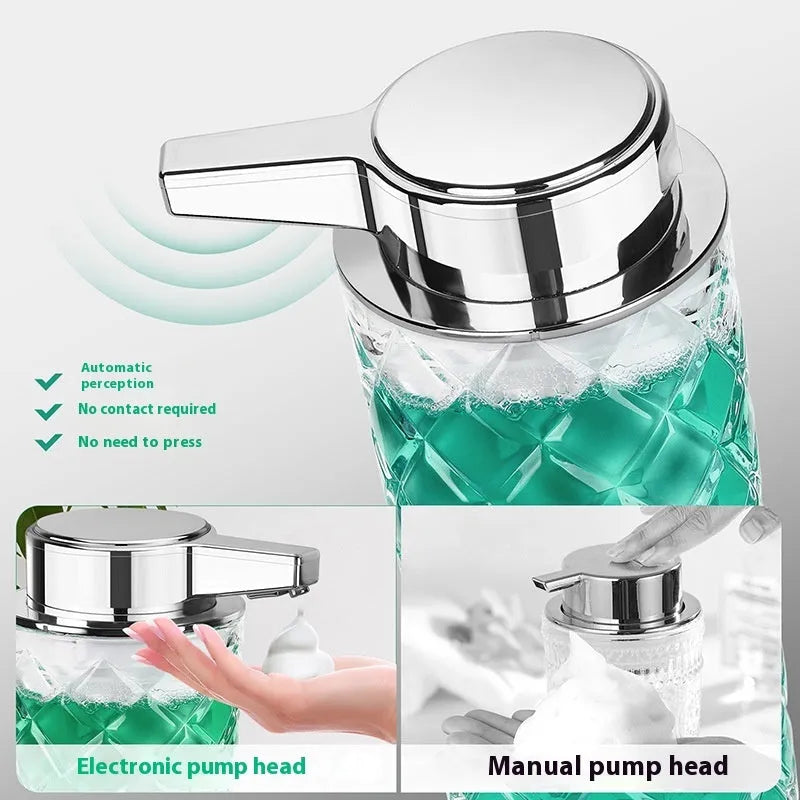Silver automatic soap dispenser with USB Type-C charging port on a bathroom countertop.